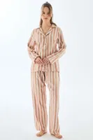 Kadın Viskon Çizgili Uzun Kollu Gömlek ve Pantolon Pijama Takımı Anıl 11498 Koyu Ten
