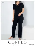 Kadın Viskon V Yaka Kısa Kol Pijama Confeo C840-536 Siyah görsel 6