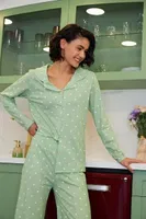Kadın Yeşil Kalp Desenli Düğmeli Pamuklu Pijama Takımı Akbeniz 27953 Yeşil
