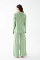 Kadın Yeşil Kalp Desenli Düğmeli Pamuklu Pijama Takımı Akbeniz 27953 Yeşil görsel 5