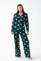 Kadın Zümrüt Yeşili Kalp Desenli Düğmeli Pamuklu Pijama Takımı Akbeniz 27953 Zümrüt Yeşili görsel 5