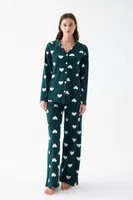 Kadın Zümrüt Yeşili Kalp Desenli Düğmeli Pamuklu Pijama Takımı Akbeniz 27953 Zümrüt Yeşili farklı açı