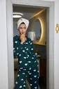 Kadın Zümrüt Yeşili Kalp Desenli Düğmeli Pamuklu Pijama Takımı Akbeniz 27953
