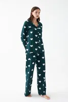 Kadın Zümrüt Yeşili Kalp Desenli Düğmeli Pamuklu Pijama Takımı Akbeniz 27953 Zümrüt Yeşili görsel 4