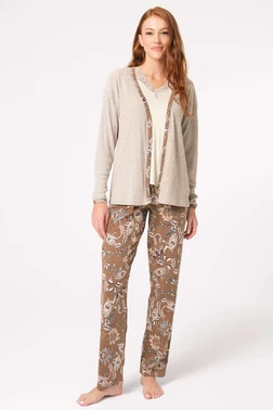 Anıl Kalın Askılı V Yaka Viskon Çiçek Desenli Düğmeli Dantel Detaylı Pijama Takımı Sabahlık Anıl 5798