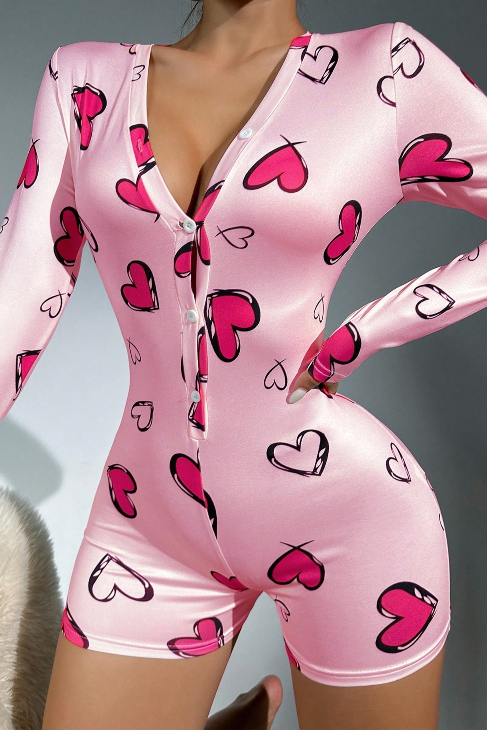 Kalp Baskılı Pembe Uzun Kollu Fantazi Body Feel Lady F201