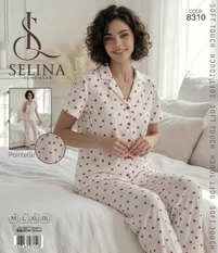 Tekten Kalp Desenli Gömlek Pijama Takım Selina 8310