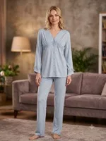 Kapitone Kadın 3'lü Pijama Takımı Bone Club 6314 Mavi görsel 4