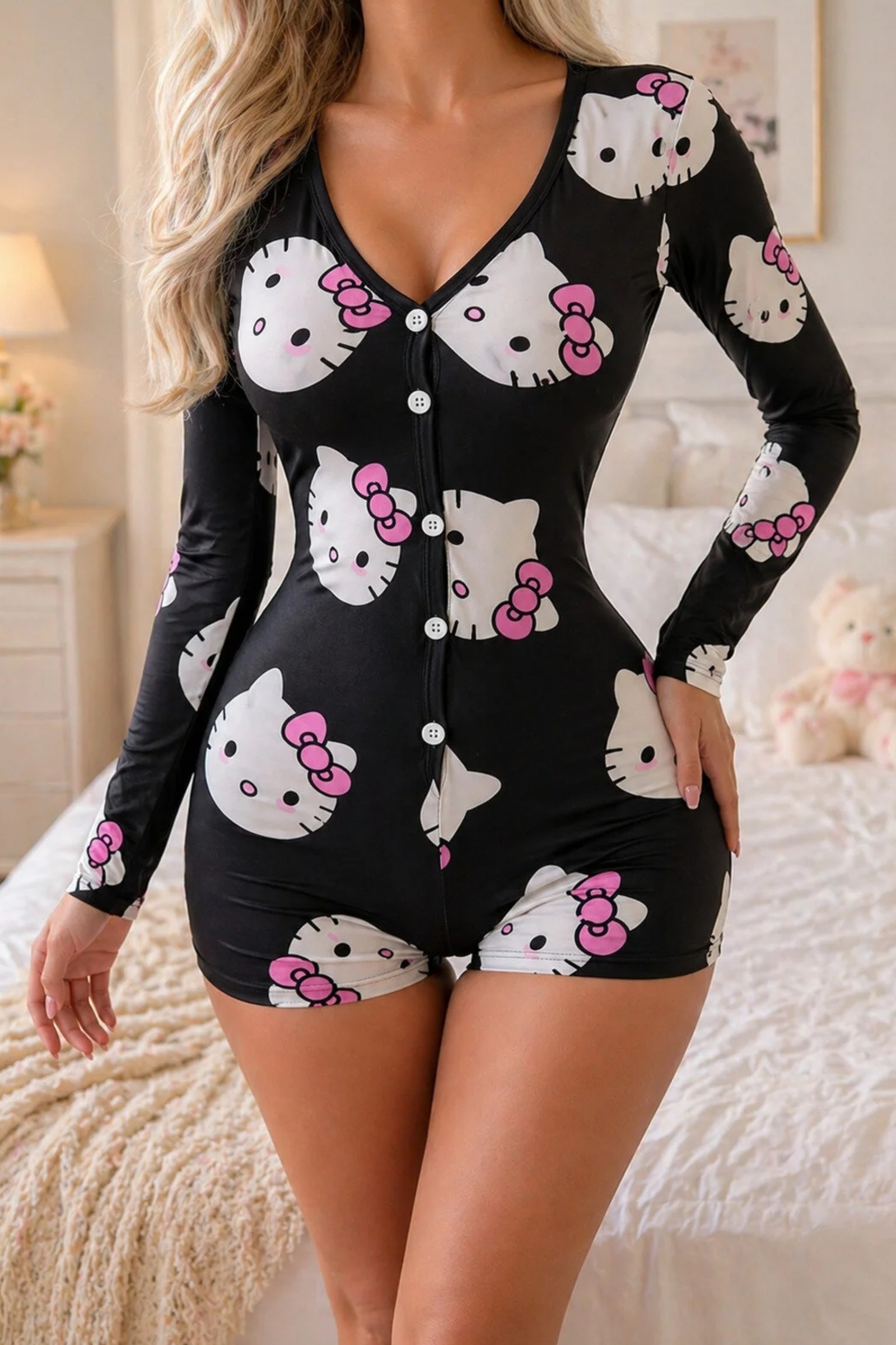 Kedi Baskılı Siyah Uzun Kollu Ön Düğmeli Fantazi Body Feel Lady F205