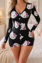 Kedi Baskılı Siyah Uzun Kollu Ön Düğmeli Fantazi Body Feel Lady F205
