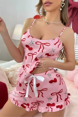 Kiraz Desenli Pembe İp Askılı Yazlık Şort Pijama Takımı Real Passione S-40