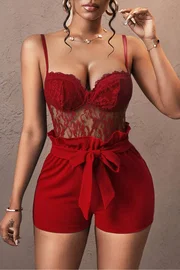 Ruselin Kırmışı Kuşak Dantel Detaylı Şortlu Şık Fantezi Elbise Ruselin 5147