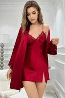 Kırmızı Askılı Saten 2li Gecelik Sabahlık Takımı Real Passione 3058 Kırmızı görsel 5