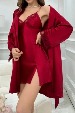 Real Passione Kırmızı Askılı Saten 2li Gecelik Sabahlık Takımı Real Passione 3058