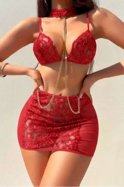 Real Passione Kırmızı Boyunluklu Zincir Detaylı Fantazi Sütyen Etek Dantel Takım Real Passione 70021