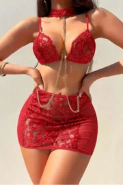 Real Passione Kırmızı Boyunluklu Zincir Detaylı Fantazi Sütyen Etek Dantel Takım Real Passione 70021