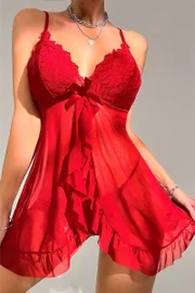 Kırmızı Dantel Detaylı İnce Askılı Kısa Fantezi Babydoll Feel Lady F226