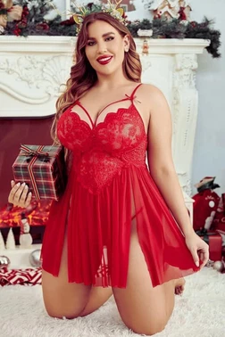 Nathalie Kırmızı Dantteli Tül Bralet Seksi Büyük Beden Fantazi Gecelik Nathalie NTH03