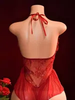 Kırmızı Derin V Yaka Fırfır Detaylı Transparan Dantelli Gecelik Bella Notte 15133 Kırmızı görsel 5