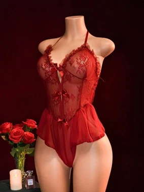 Kırmızı Derin V Yaka Fırfır Detaylı Transparan Dantelli Gecelik Bella Notte 15133 - Alternatif Görünüm