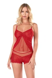 Ahu Lingerie Kırmızı Jakarlı Babydoll Şort Takımı Ahu Primoda