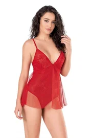 Ahu Lingerie Kırmızı Jakarlı Bodysuit Gecelik Ahu Primoda 9139