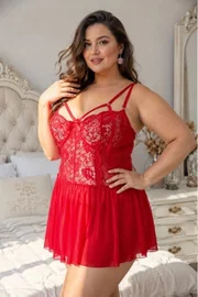 Kırmızı Kafes Askılı Dantelli Büyük Beden Fantezi Babydoll NightLight 3888