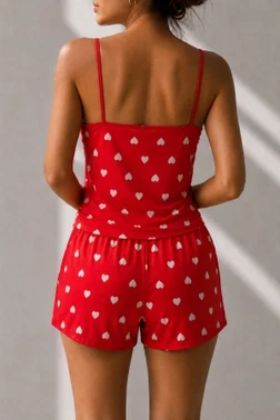 Kırmızı Kalp Desenli Askılı Şortlu Pijama Takımı Bella Notte 79049 - Alternatif Görünüm