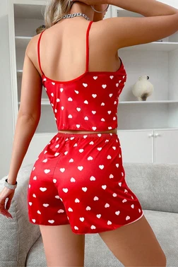 Real Passione Kırmızı Kalpli İp Askılı Yazlık Şort Pijama Takım Real Passione S-41 - Alternatif Görünüm
