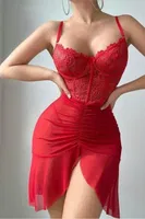 Kırmızı Korse Görünümlü Yırtmaçlı Tül Şık Kadın Gecelik Real Passione 4088 Kırmızı farklı açı