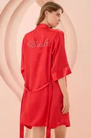 Kırmızı Saten Yazı İşlemeli Kuşak Bağlamalı Bride Sabahlık NBB 3232 Kırmızı