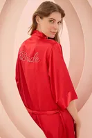 Kırmızı Saten Yazı İşlemeli Kuşak Bağlamalı Bride Sabahlık NBB 3232 Kırmızı detay görünüm