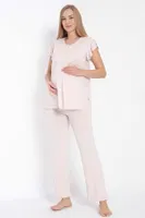 Kısa Kol Bisiklet Yaka Kadın Viskon Dantel Detaylı Hamile Pijama Takımı Sabahlık Anıl 11314 Pembe detay görünüm