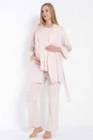 Kısa Kol Bisiklet Yaka Kadın Viskon Dantel Detaylı Hamile Pijama Takımı Sabahlık Anıl 11314 Pembe görsel 4