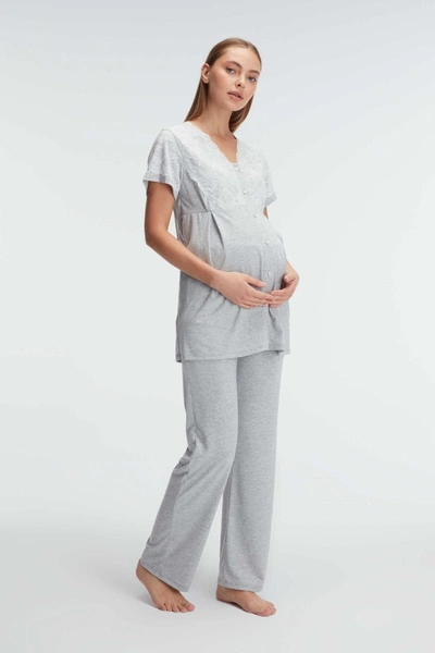 Kısa Kol V Yaka Kadın Polyester Elastan Yazlık Örme Dantel Detaylı Hamile Pijama Takımı Anıl 11308