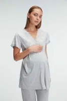 Kısa Kol V Yaka Kadın Polyester Elastan Yazlık Örme Dantel Detaylı Hamile Pijama Takımı Anıl 11308 Grimelanj detay görünüm