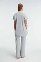 Kısa Kol V Yaka Kadın Polyester Elastan Yazlık Örme Dantel Detaylı Hamile Pijama Takımı Anıl 11308 Grimelanj farklı açı