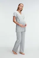 Kısa Kol V Yaka Kadın Polyester Elastan Yazlık Örme Dantel Detaylı Hamile Pijama Takımı Anıl 11308 Grimelanj görsel 4