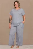 Kısa Kollu Dantel Detaylı Büyük Beden Pijama Takımı Lady B-635 Gri