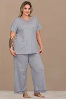 Kısa Kollu Dantel Detaylı Büyük Beden Pijama Takımı Lady B-635 Gri detay görünüm