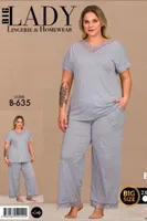 Kısa Kollu Dantel Detaylı Büyük Beden Pijama Takımı Lady B-635 Gri farklı açı