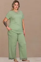 Kısa Kollu Dantelli V Yakalı Pamuklu Büyük Beden Kadın Pijama Takımı Lady B-631 Yeşil detay görünüm
