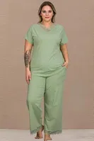 Kısa Kollu Dantelli V Yakalı Pamuklu Büyük Beden Kadın Pijama Takımı Lady B-631 Yeşil