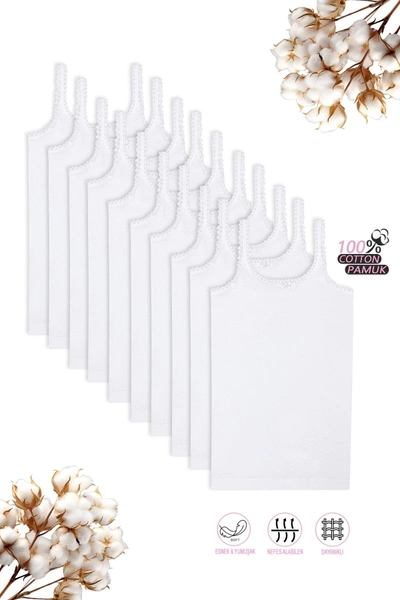 Kız Çocuk %100 Pamuklu Ribana Dantel Detaylı İnce Askılı Örme Atlet 10'lu Paket Özkan 1610