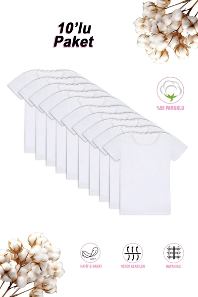 Kız Çocuk %95 Pamuklu Süprem Yakası Dantel Atlet Fanila Tişört 10'lu Paket Özkan 42781