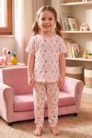 Öts İç Giyim Kız Çocuk Pamuklu Pijama Takımı Kısa Kol Uzun Alt Desenli Geniş ve Rahat Kesim Öts 474003