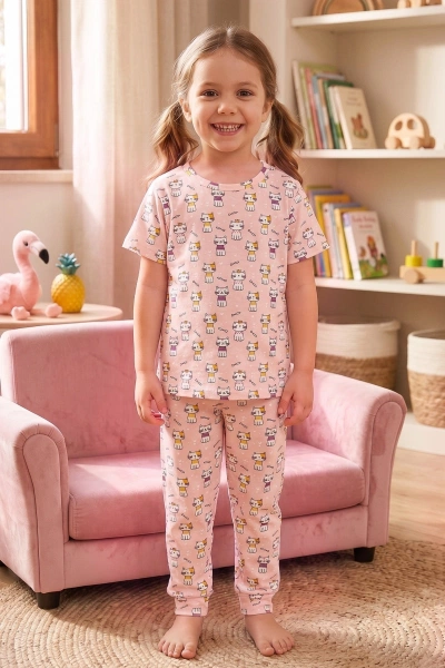 Kız Çocuk Pamuklu Pijama Takımı Kısa Kol Uzun Alt Desenli Geniş ve Rahat Kesim Öts 474003