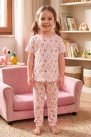 Kız Çocuk Pamuklu Pijama Takımı Kısa Kol Uzun Alt Desenli Geniş ve Rahat Kesim Öts 474003 Renkli-3