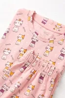 Kız Çocuk Pamuklu Pijama Takımı Kısa Kol Uzun Alt Desenli Geniş ve Rahat Kesim Öts 474003 Renkli-3 görsel 4