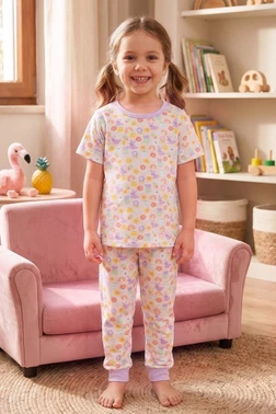 Öts İç Giyim Kız Çocuk Pamuklu Pijama Takımı Kısa Kol Uzun Alt Desenli Geniş ve Rahat Kesim Öts 474004
